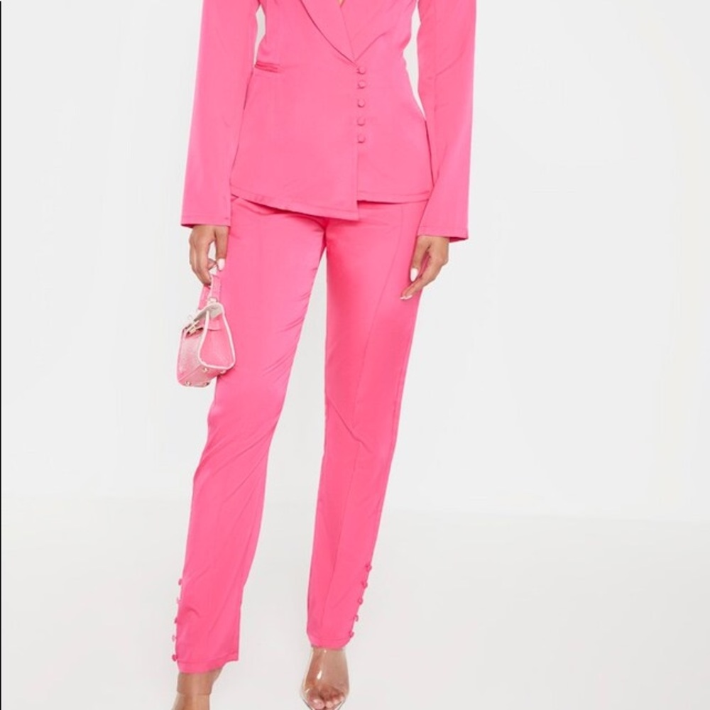 Hot Pink Woven Button Cuff Detail Skinny Pants
